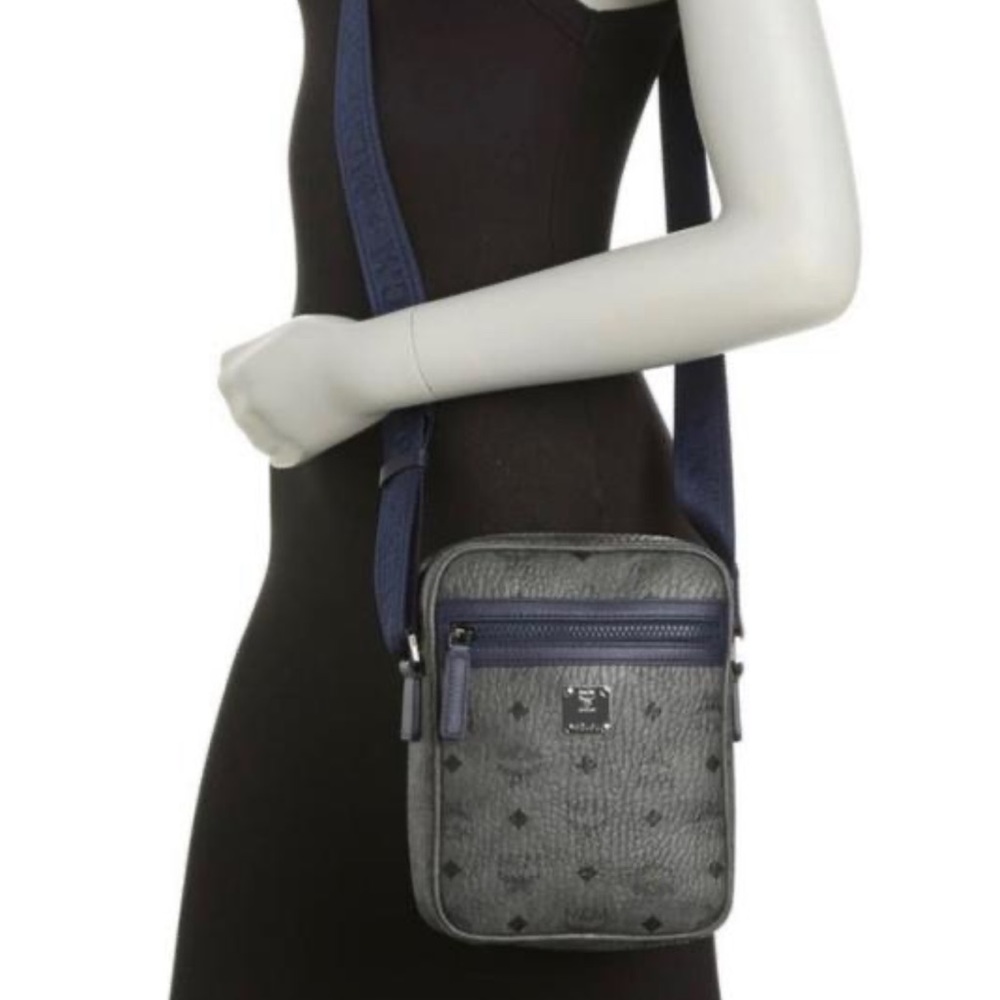 MCM crossbody. Navy/grey leather with navy adjustable strap